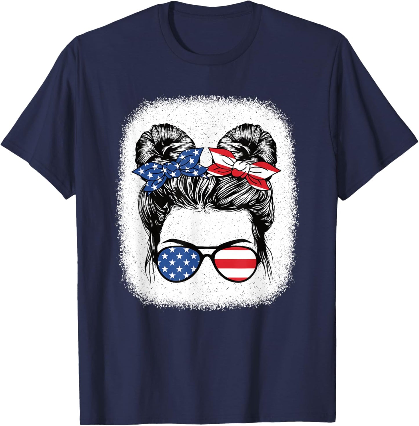 Cute 4th of July Messy Bun Girl American Flag Patriotic USA T-Shirt - T-Shirt | Navy