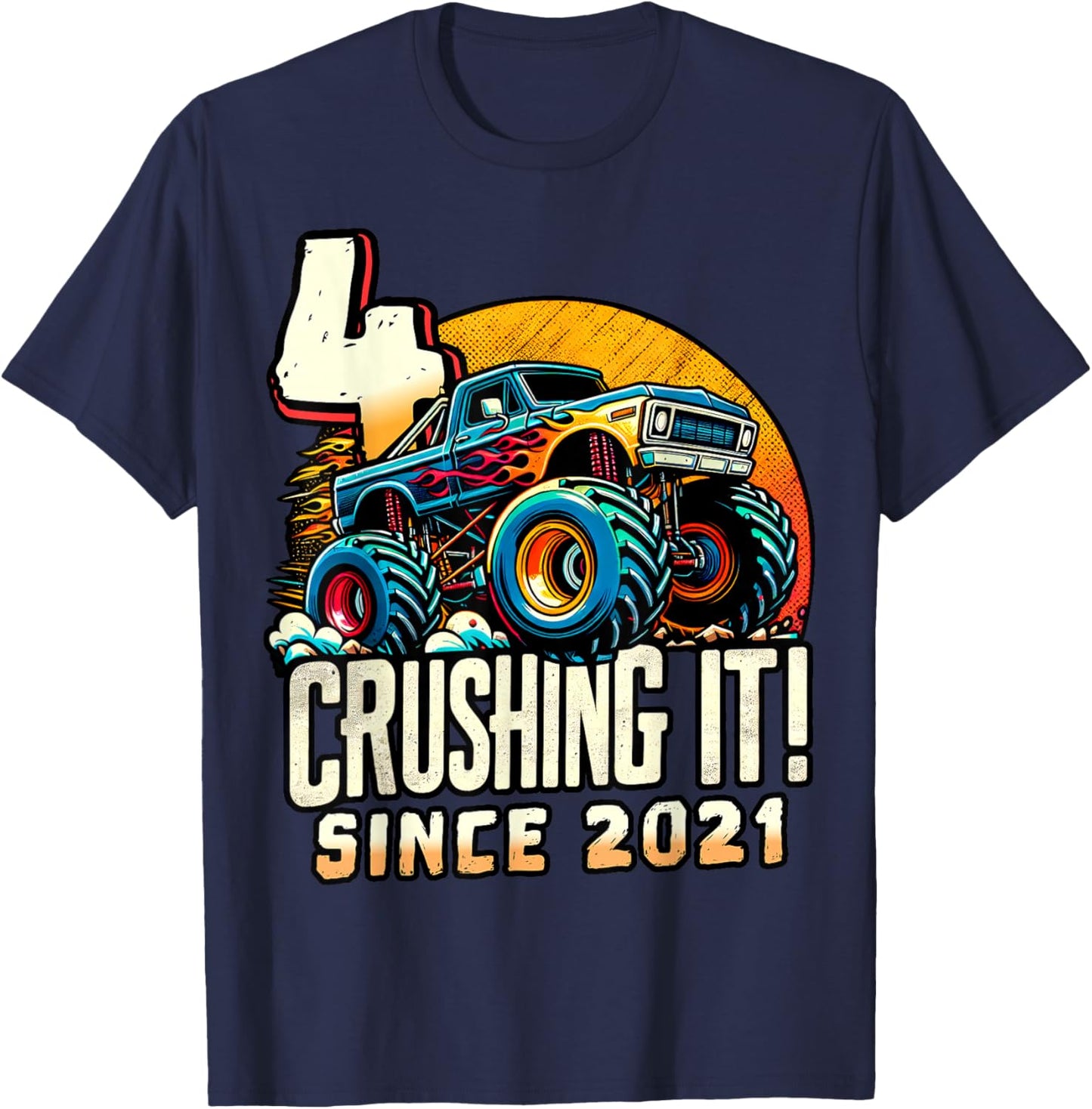 Birthday Monster Truck 4 year Old Boys 4th Party Born 2021 T-Shirt - T-Shirt | Navy