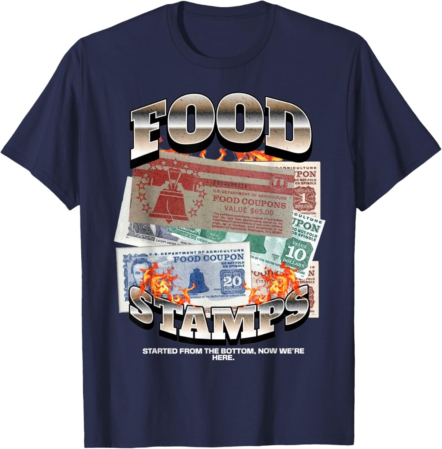 FUNNY 90s STYLE HIPHOP FOODSTAMPS FOOD STAMP STARTED FROM T-Shirt - T-Shirt | Navy