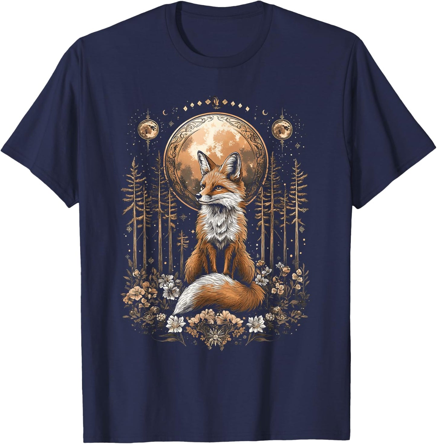 Mystic Moon and Moonphase Fox Mystical Flowers Aesthetic T-Shirt - T-Shirt | Navy