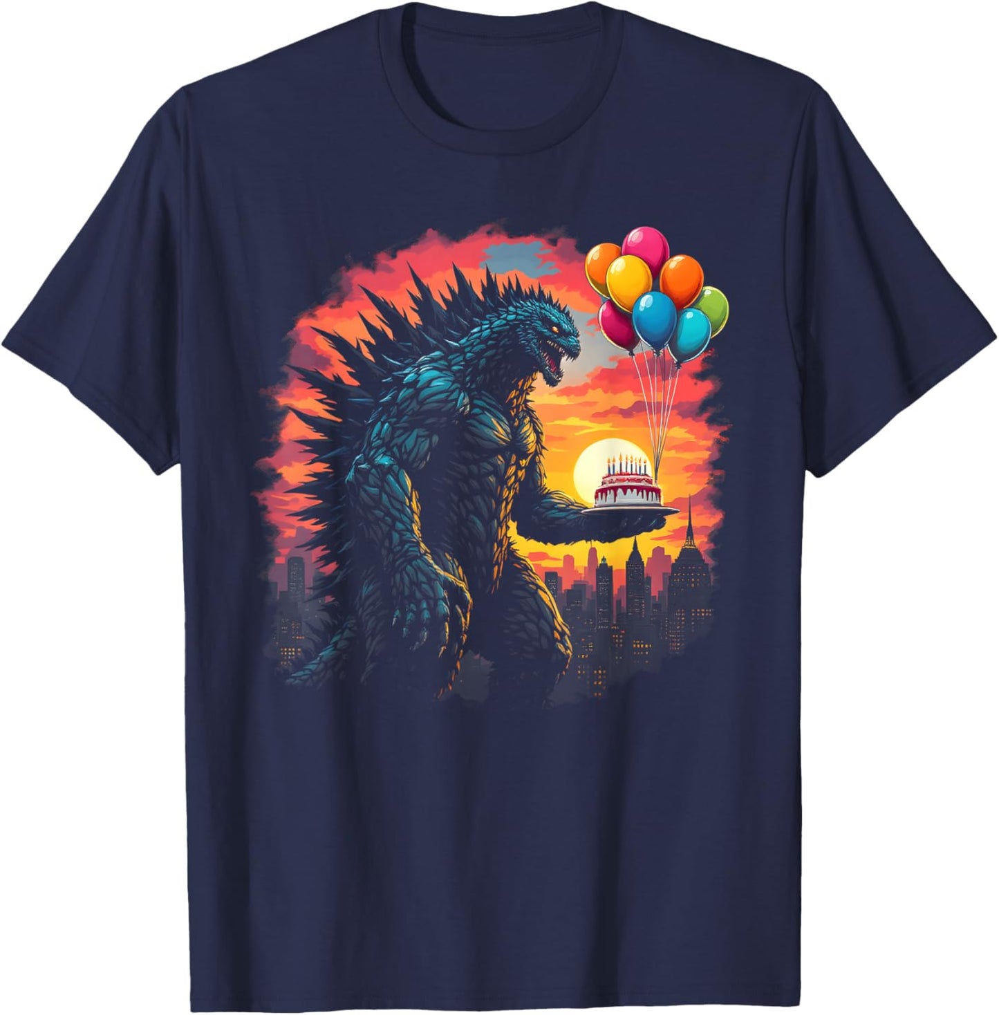 Kaiju Balloon And Cake Funny Japanese Monster Lover Birthday T-Shirt - T-Shirt | Navy
