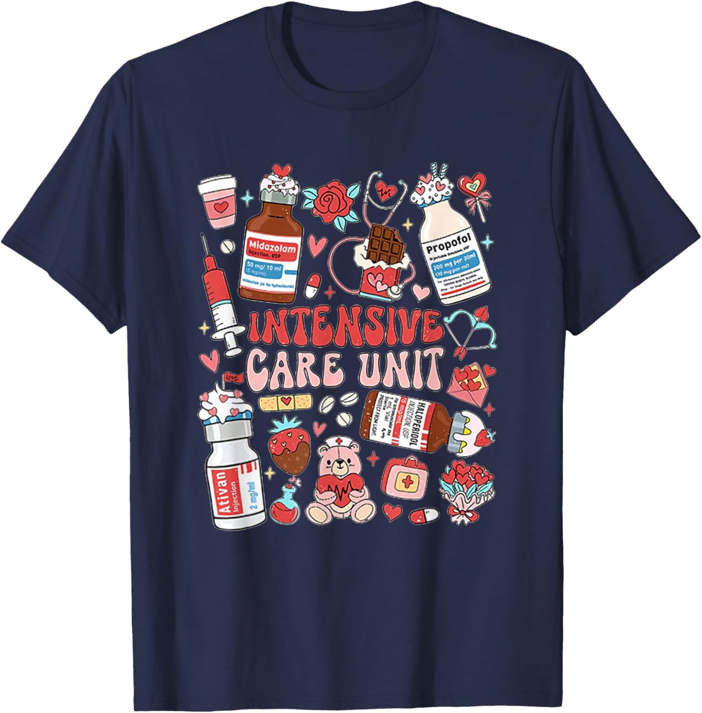 Retro Intensive Care Unit Nurse Tech Valentine ICU Nurse T-Shirt - T-Shirt | Navy