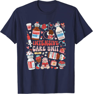 Retro Intensive Care Unit Nurse Tech Valentine ICU Nurse T-Shirt - T-Shirt | Navy