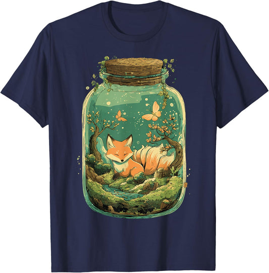 Magical Kitsune Nine-Tailed Fox Kawaii Terrarium Art T-Shirt - T-Shirt | Navy