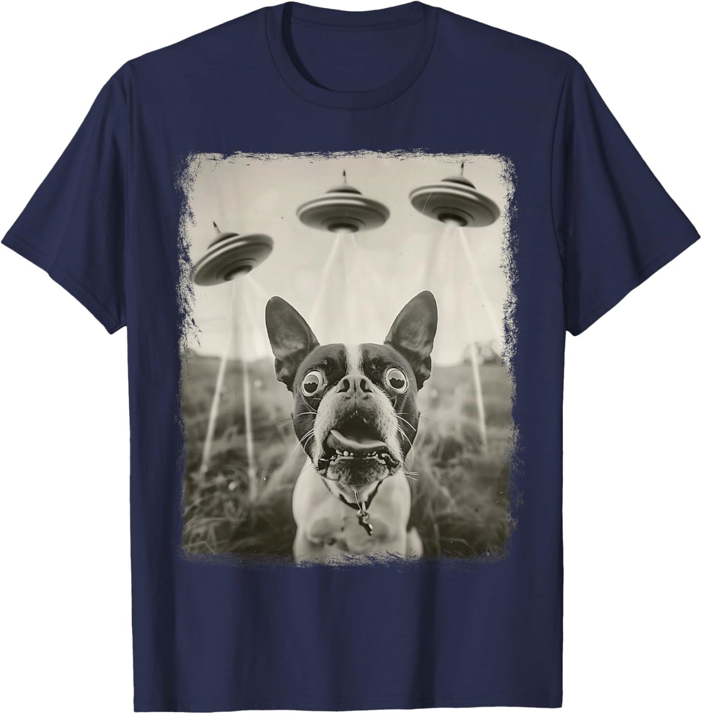 Boston Terrier Dog UFO Alien Extraterrestrial Selfie T-Shirt - T-Shirt | Navy