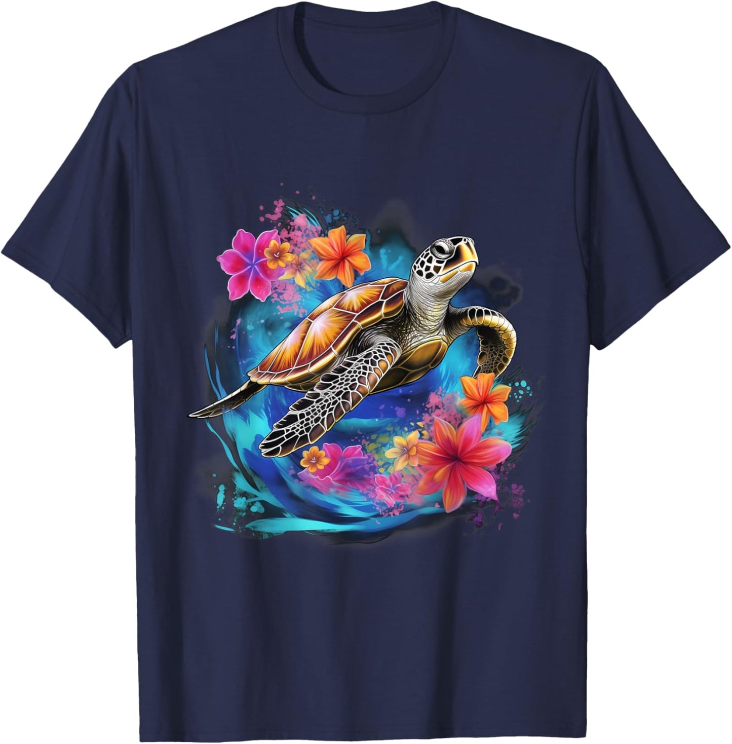 Sea Turtle Hawaiian Hibiscus Flowers Surfer Scuba Diving T-Shirt - T-Shirt | Navy
