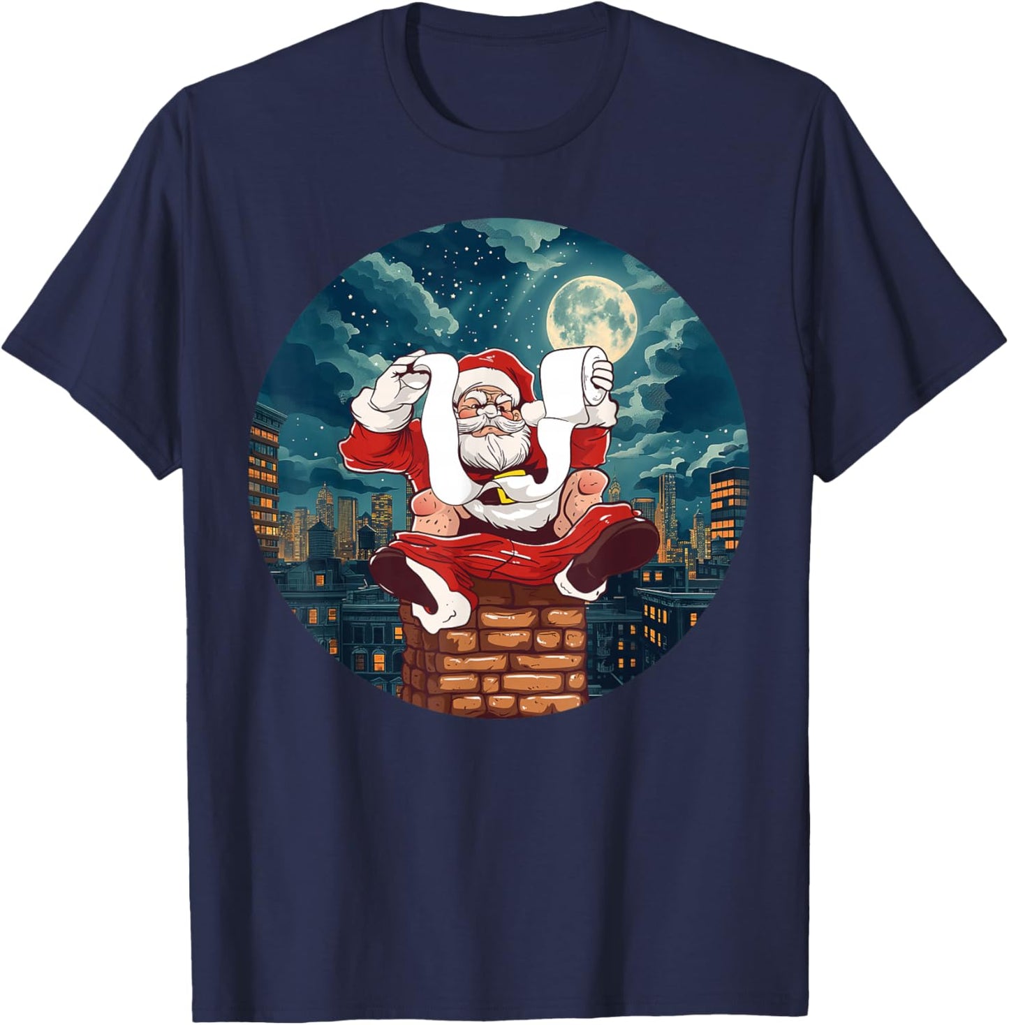 Funny Santa Claus sitting on Chimney with toilet Paper T-Shirt - T-Shirt | Navy