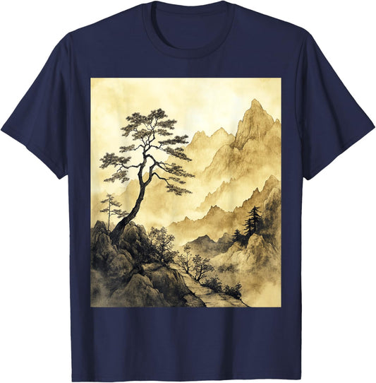 Serene Traditional Chinese Landscape Art T-Shirt - T-Shirt | Navy