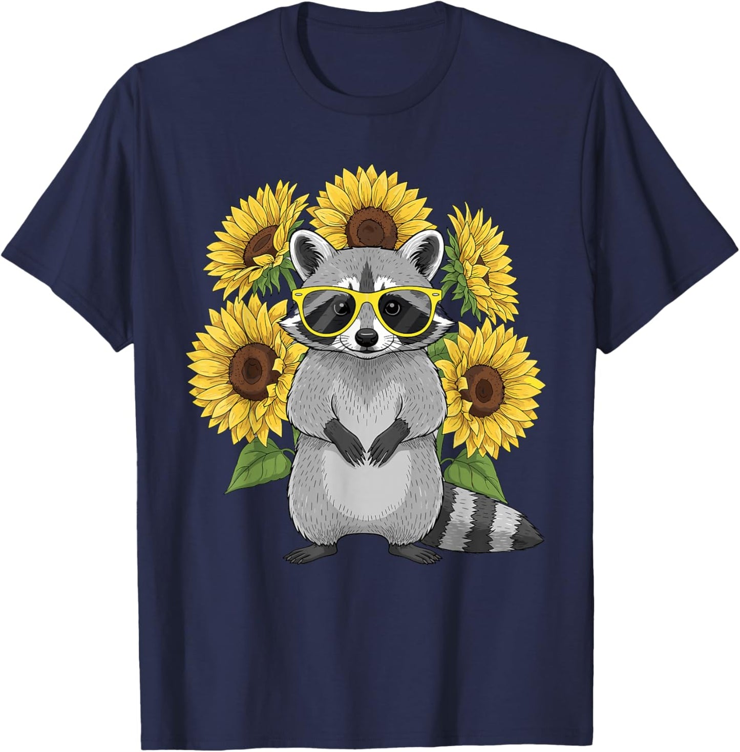 Cute Raccoon with Sunglasses and Sunflowers Women T-Shirt - T-Shirt | Navy