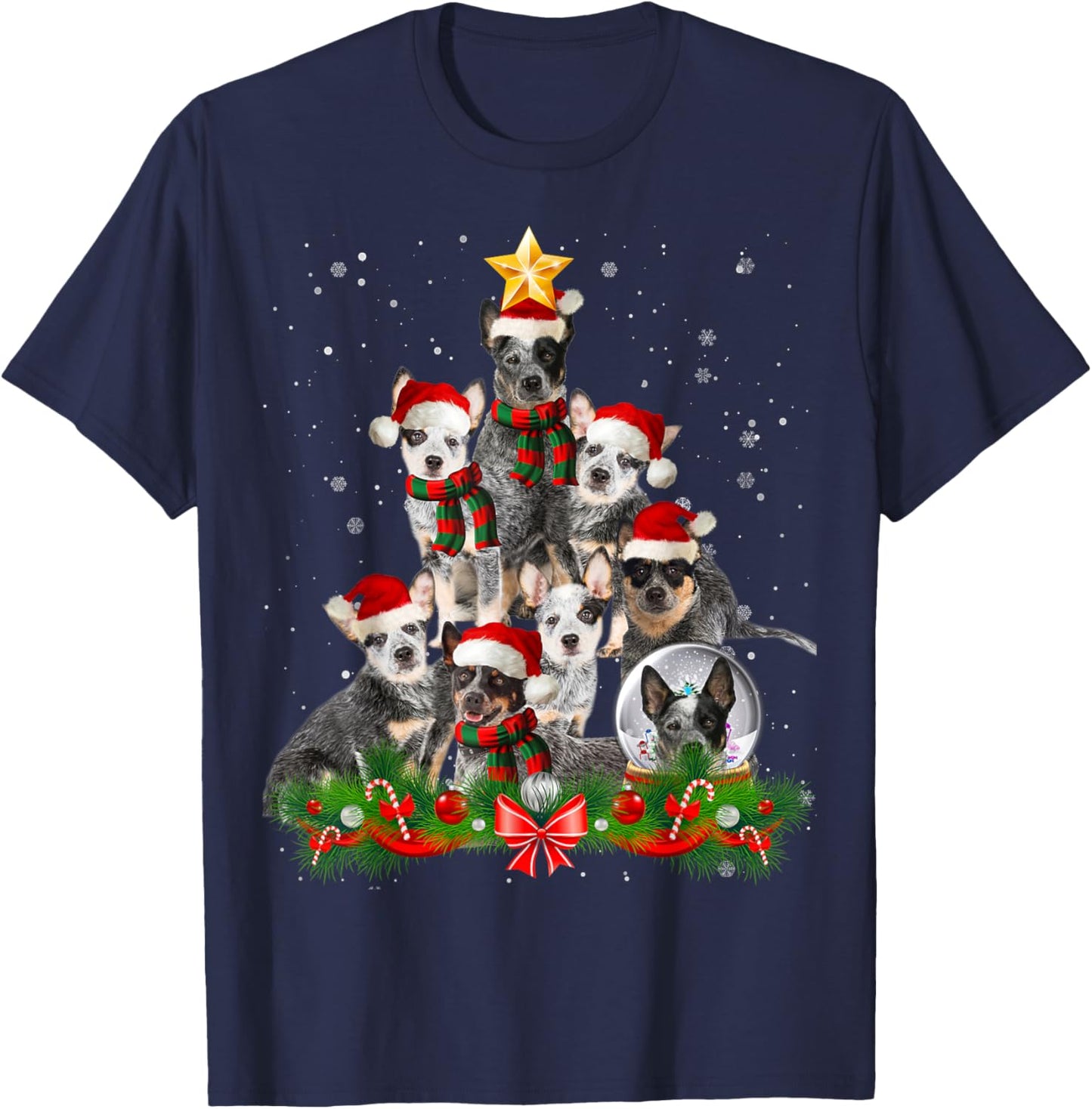 Funny Australian Cattle Dog Dog Christmas Tree - Black Adults Cotton Polyester Blend - Christmas, Halloween, Father's Day, Valentine's Day T-Shirt - T-Shirt | Navy