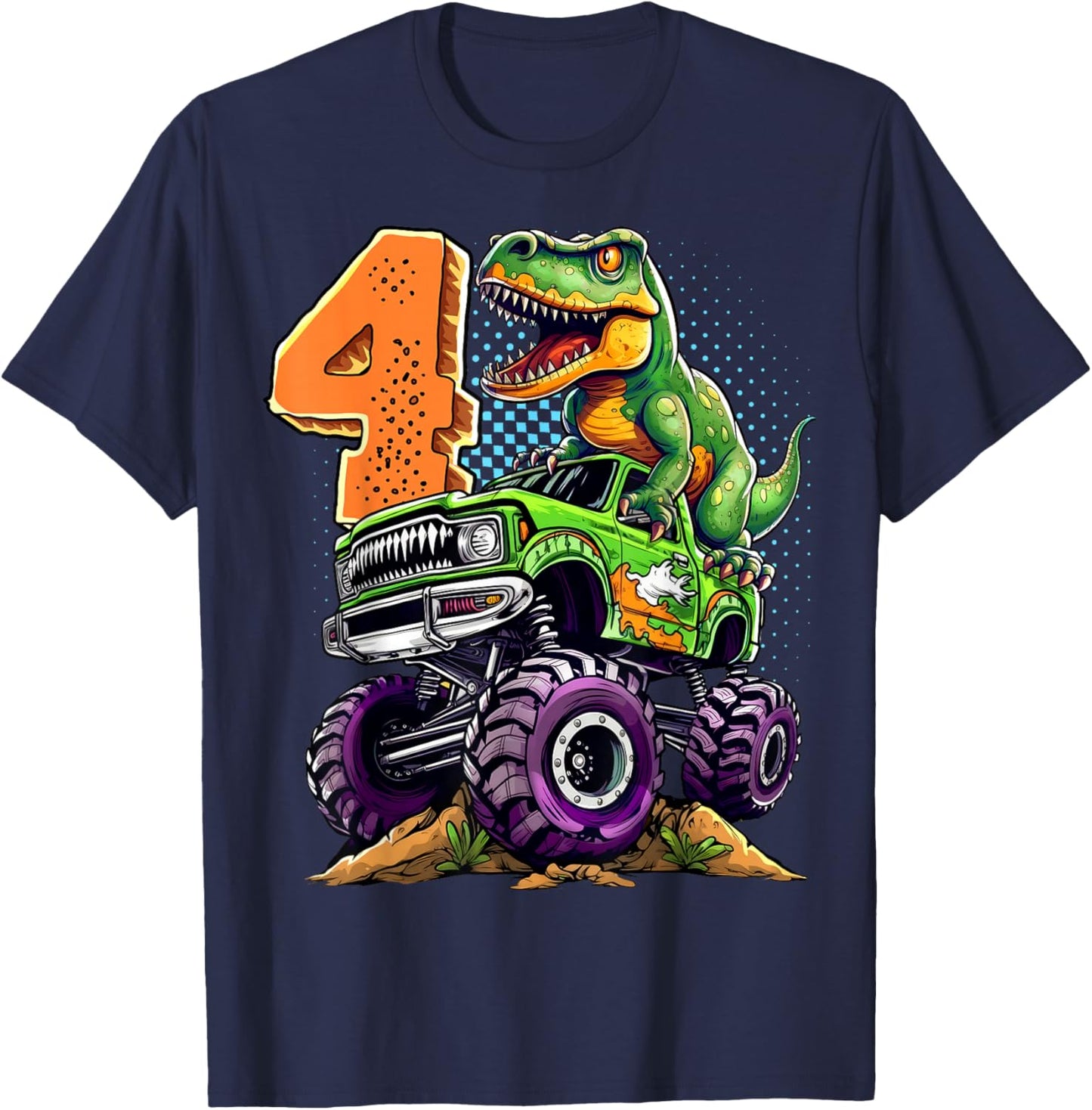 Monster Truck Dinosaur T-Rex 4th Birthday Boy 4 Year Old T-Shirt - T-Shirt | Navy
