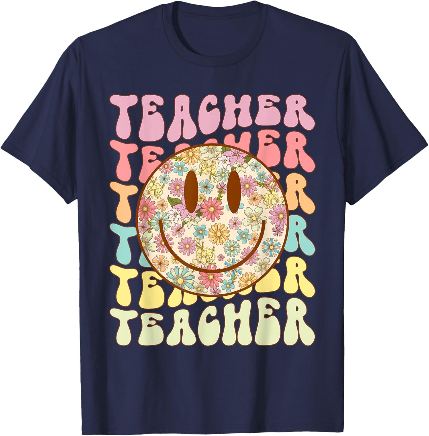 Groovy Retro Teacher Floral Smile Face Back To School T-Shirt - T-Shirt | Navy