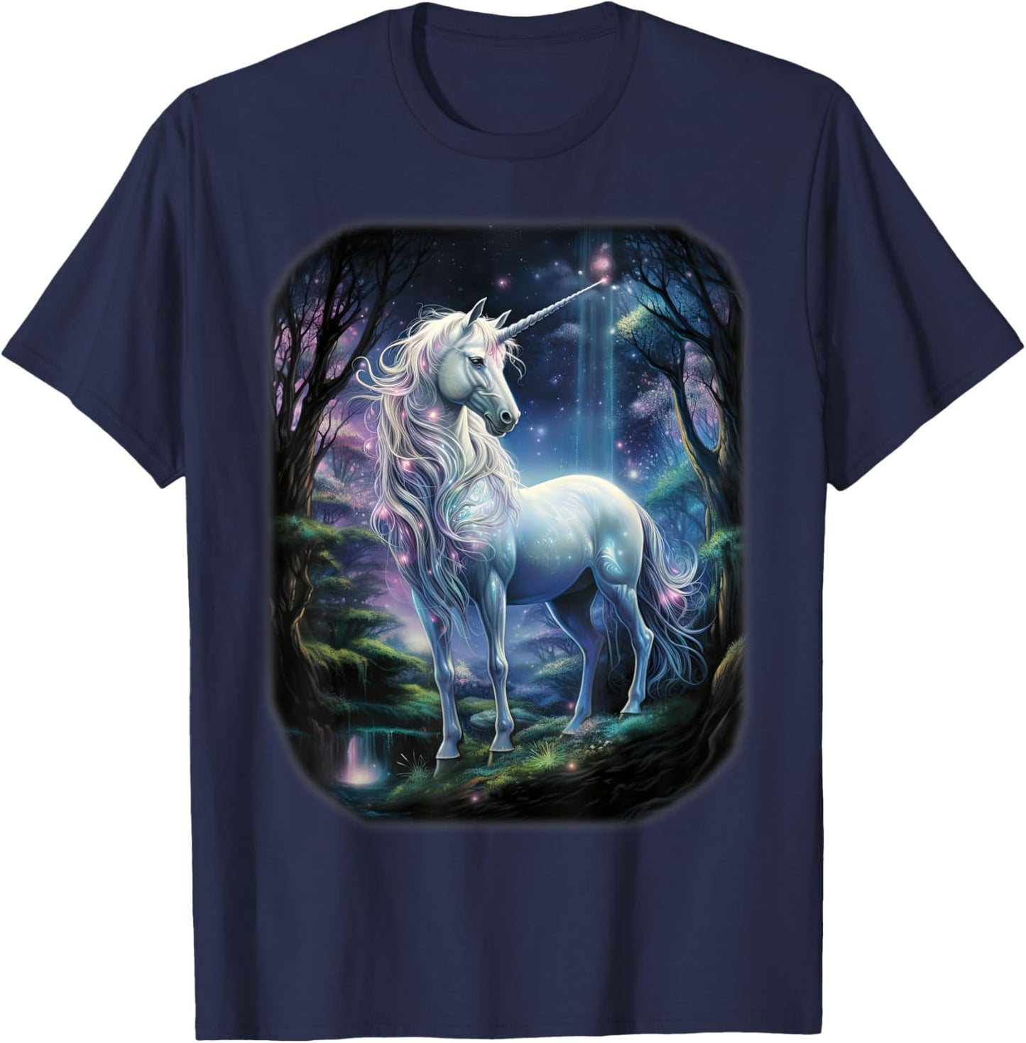 Fantasy white Unicorn standing in forest universe. T-Shirt - T-Shirt | Navy
