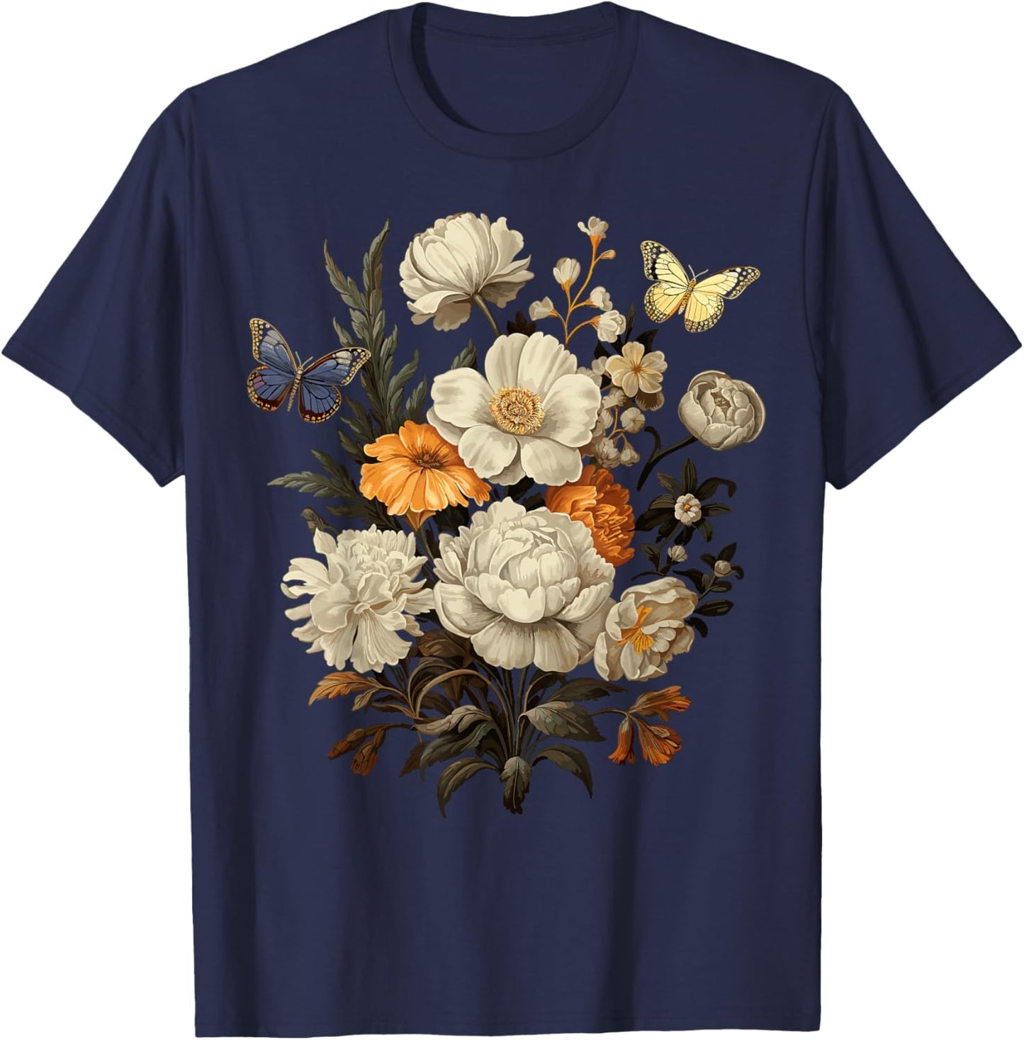 Vintage Pressed Flowers Butterflies Floral Boho Wildflowers T-Shirt - T-Shirt | Navy