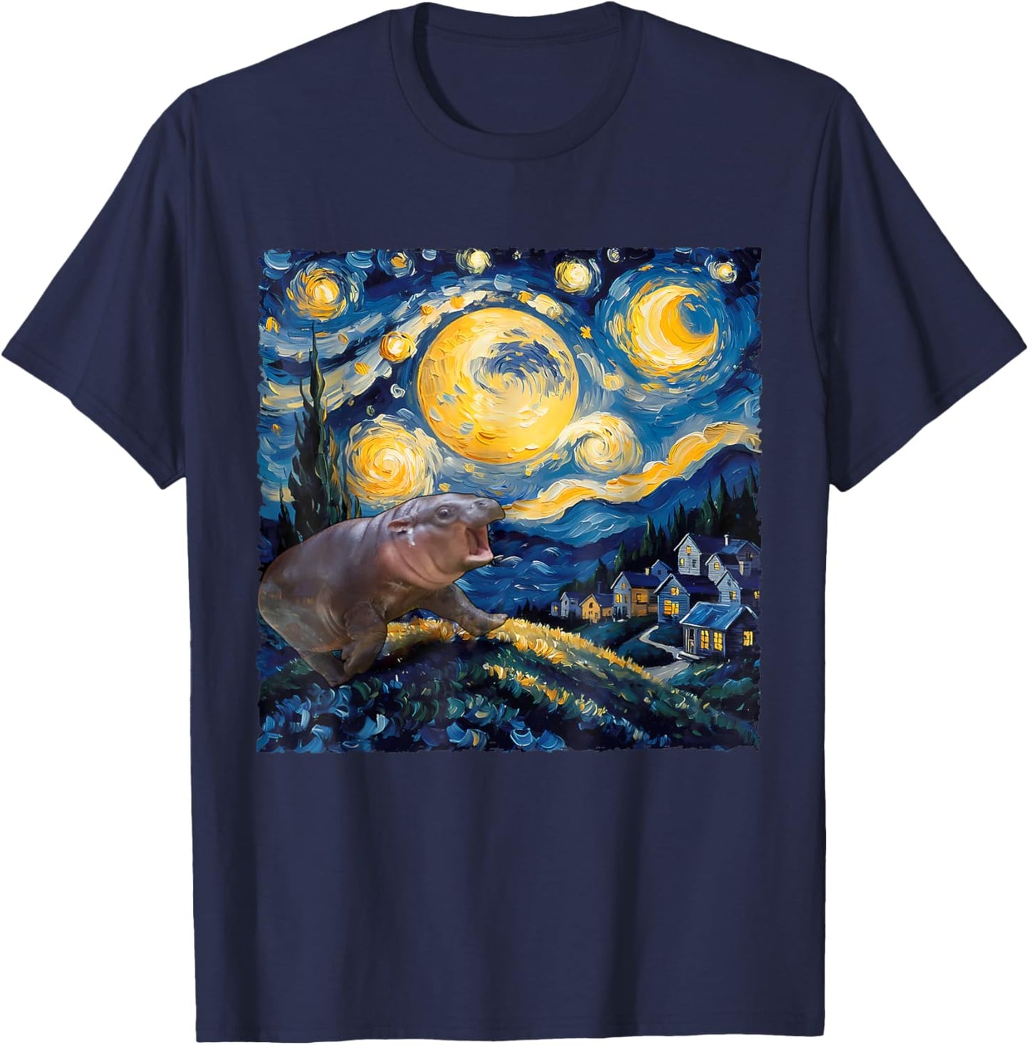 Moo-Deng Starry Night Van Gogh Funny Moo-Deng Meme T-Shirt - T-Shirt | Navy