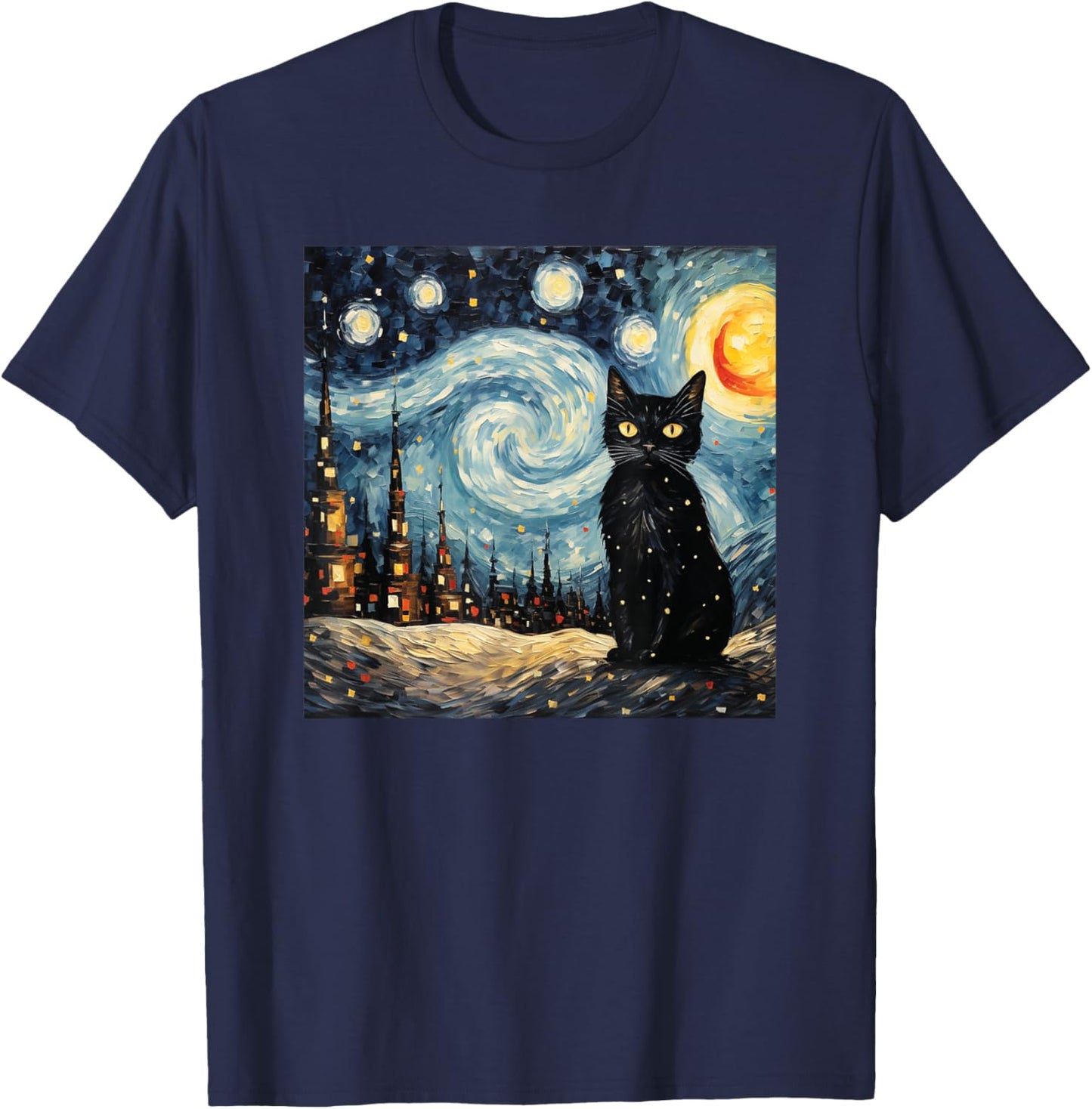 black cat Painting art Starry Night kitty kitten Van Gogh T-Shirt - T-Shirt | Navy