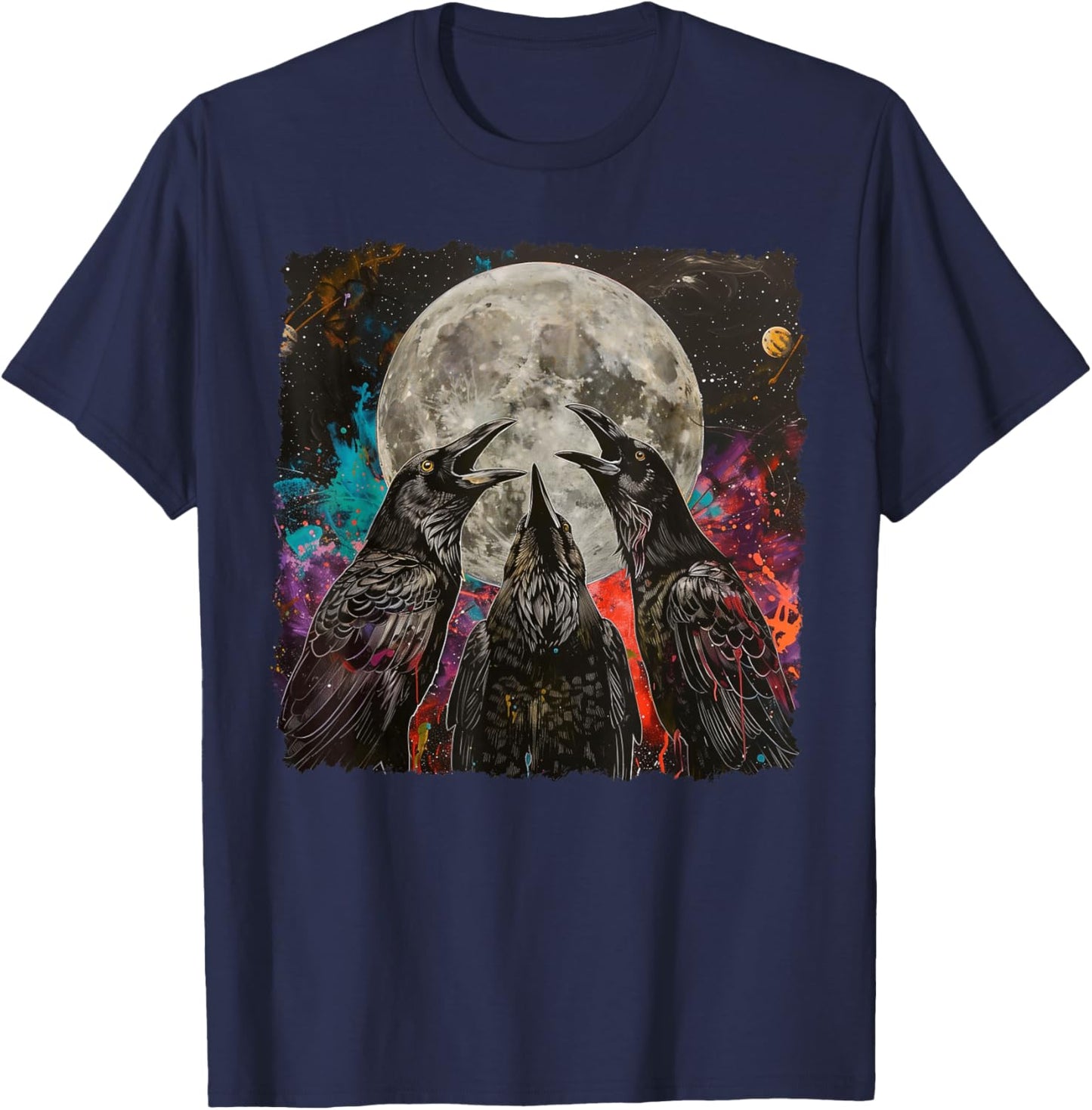 Crow Raven Howling Moon T-Shirt - T-Shirt | Navy