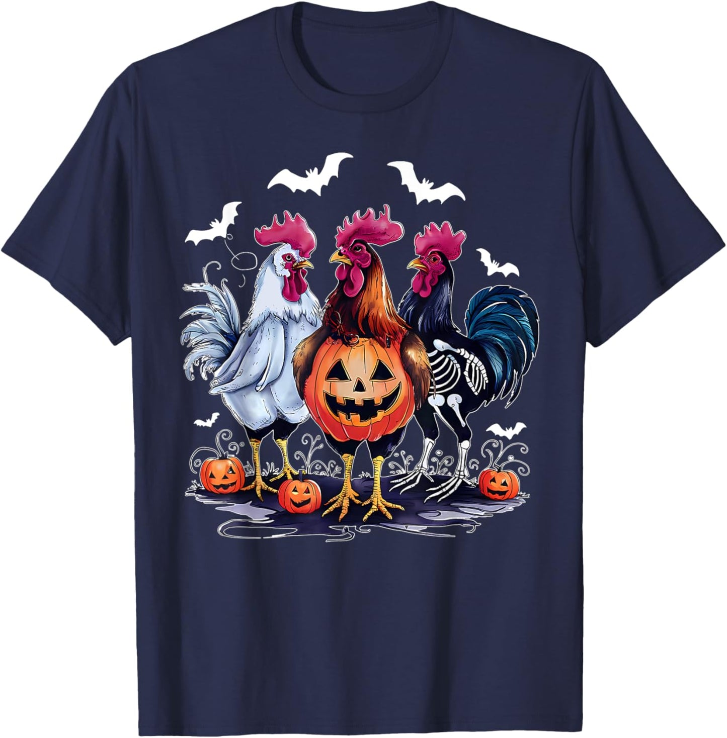 Retro Pumpkin Rooster Bat Chicken Farm Animal Spooky Party T-Shirt - T-Shirt | Navy
