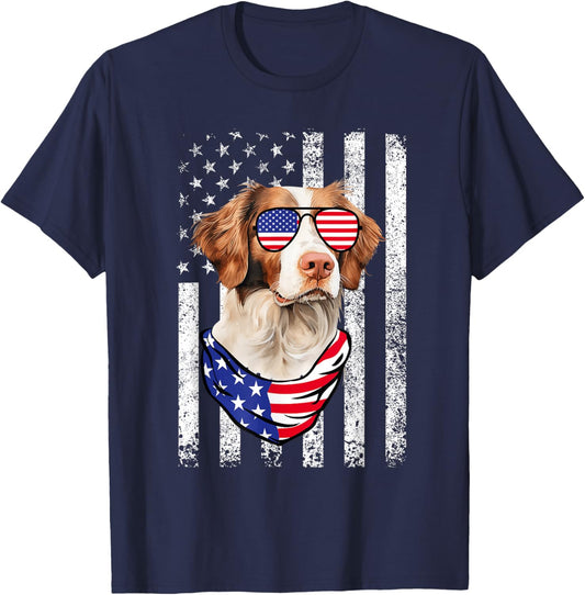 Brittany Spaniel American Flag USA Patriotic 4th of July T-Shirt - T-Shirt | Navy
