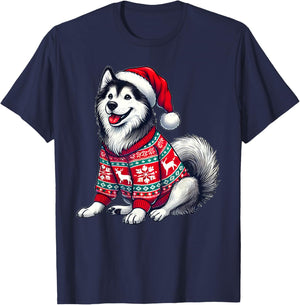 Siberian Husky Dog Ugly Sweater Santa Hat Christmas T-Shirt - T-Shirt | Navy