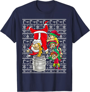 Santa Claus Keg Stand Beer Elves Drinking Humor Christmas T-Shirt - T-Shirt | Navy
