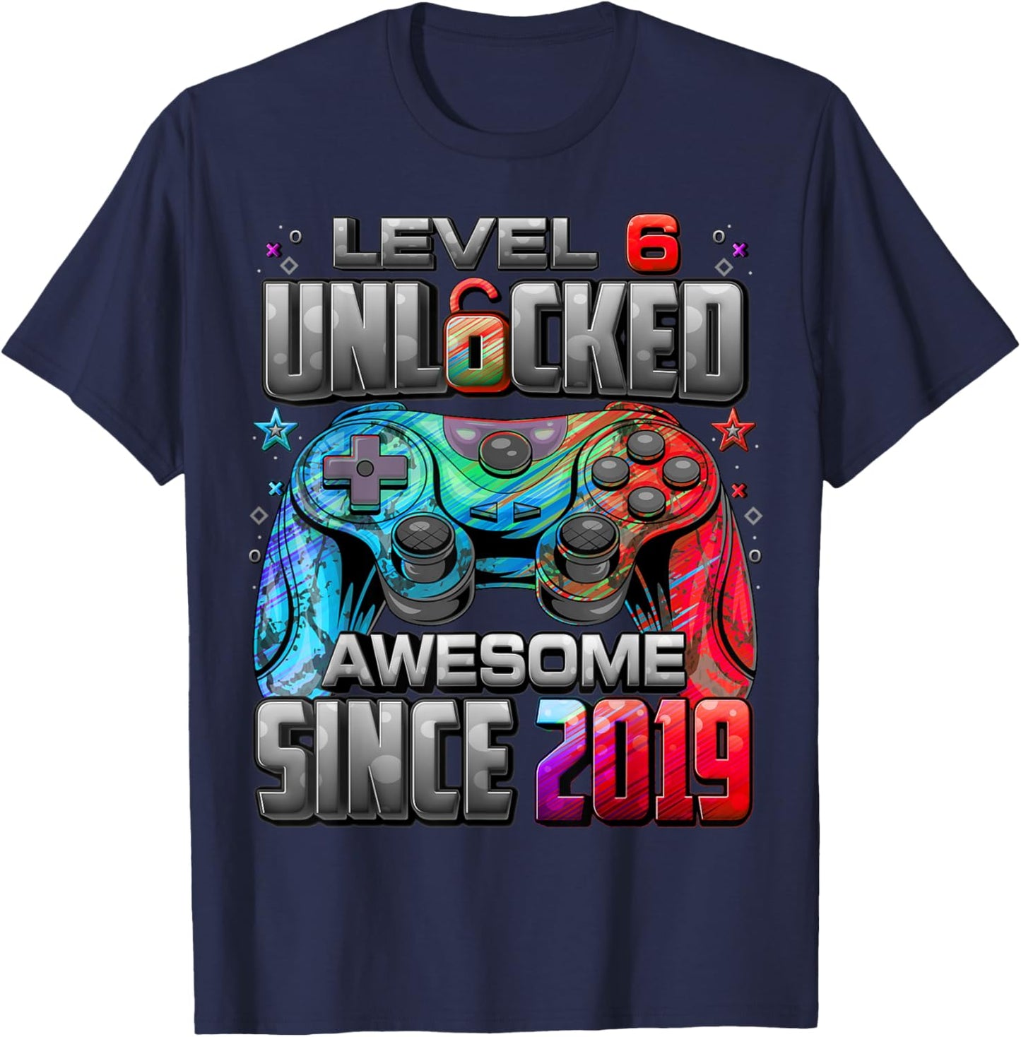 Level 6 Unlocked Awesome Since 2019 6th Birthday Gaming T-Shirt - T-Shirt | Navy