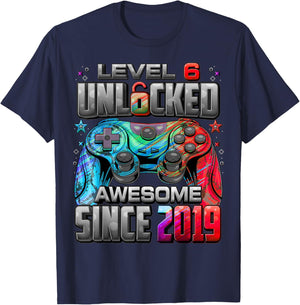 Level 6 Unlocked Awesome Since 2019 6th Birthday Gaming T-Shirt - T-Shirt | Navy