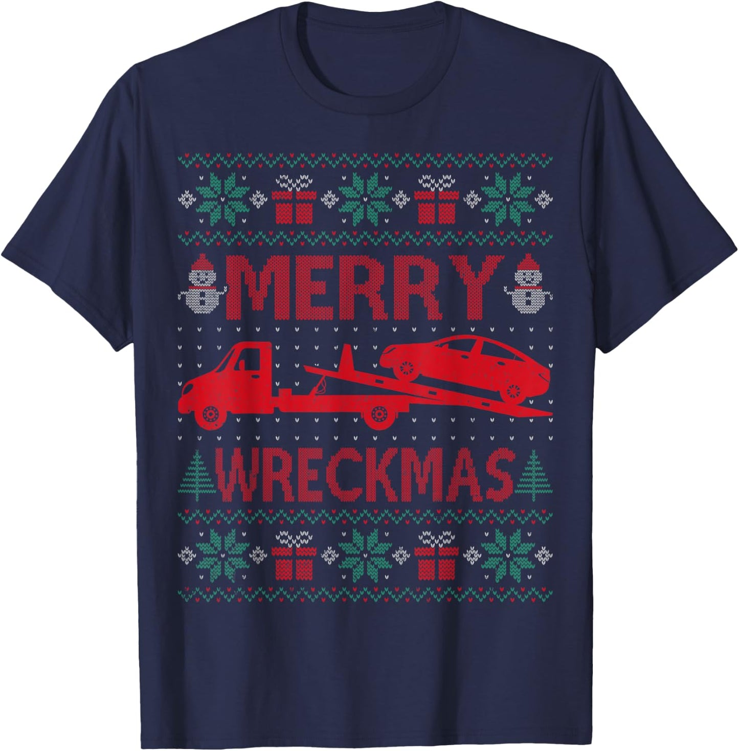 Merry Wreckmas - Funny Ugly Christmas Tow Truck Driver T-Shirt - T-Shirt | Navy
