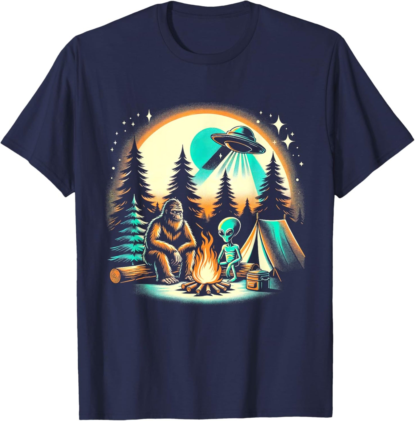 Funny Bigfoot & Alien UFO Camping Outdoor Adventures Hiking T-Shirt - T-Shirt | Navy