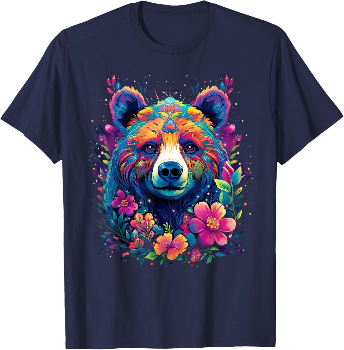 Flower Bear Colorful Rainbow Vibrant Graphic T-Shirt - T-Shirt | Navy