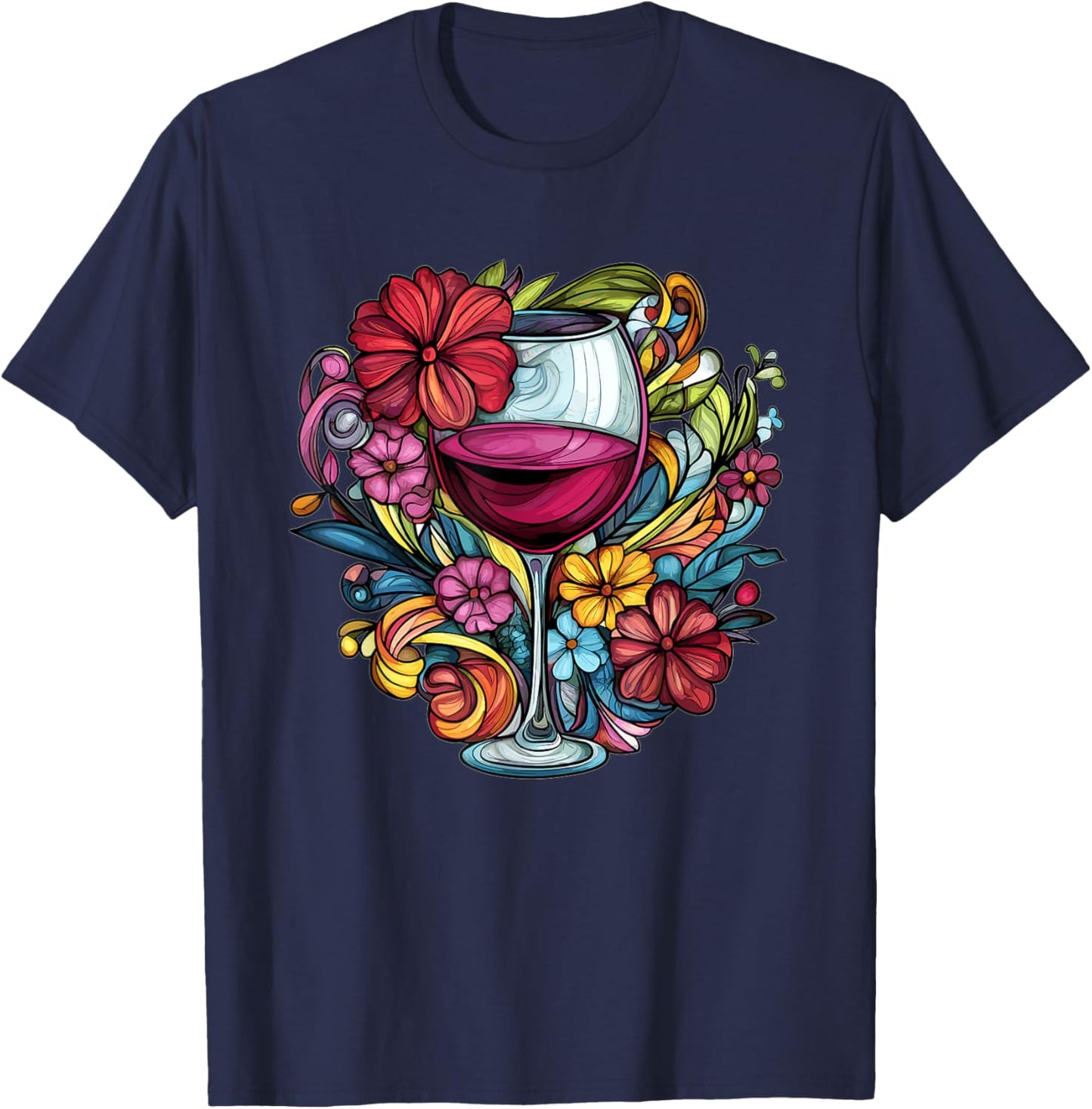 Elegant Wine Glass With Floral Blooms T-Shirt - T-Shirt | Navy