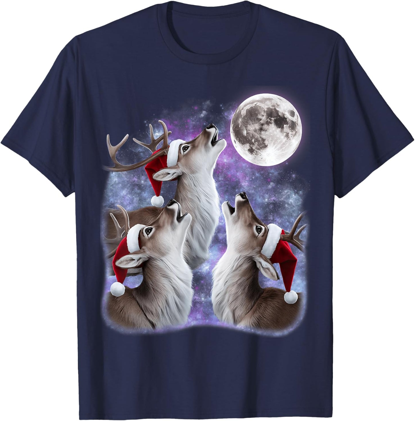 3 Deer Howling At The Moon Santa Hat Meme Funny Deer Lovers T-Shirt - T-Shirt | Navy