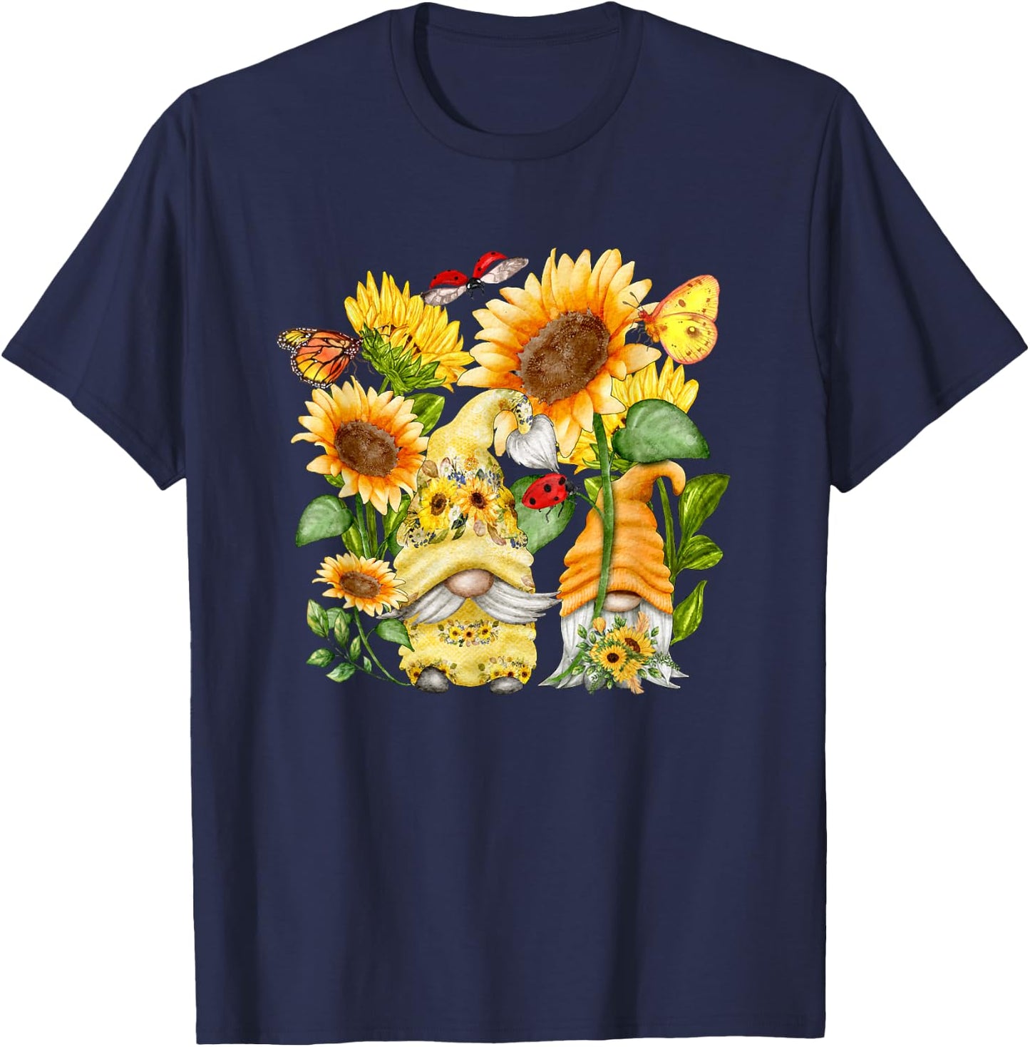 Sunflower Gnome Butterfly & Ladybug Floral Flower T-Shirt - T-Shirt | Navy