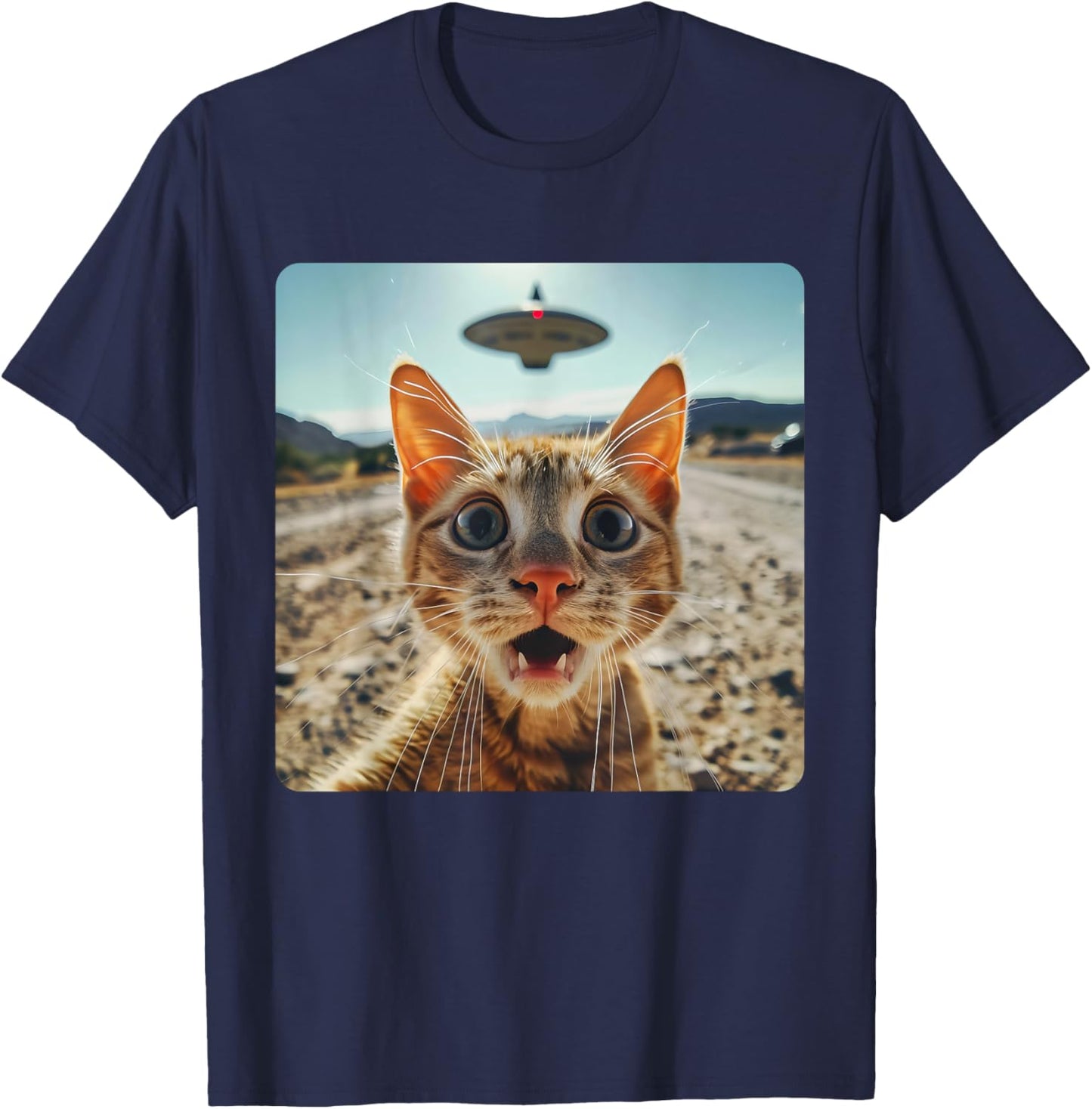 Extraterrestrial Encounter: Cat Selfie with Alien UFO T-Shirt - T-Shirt | Navy