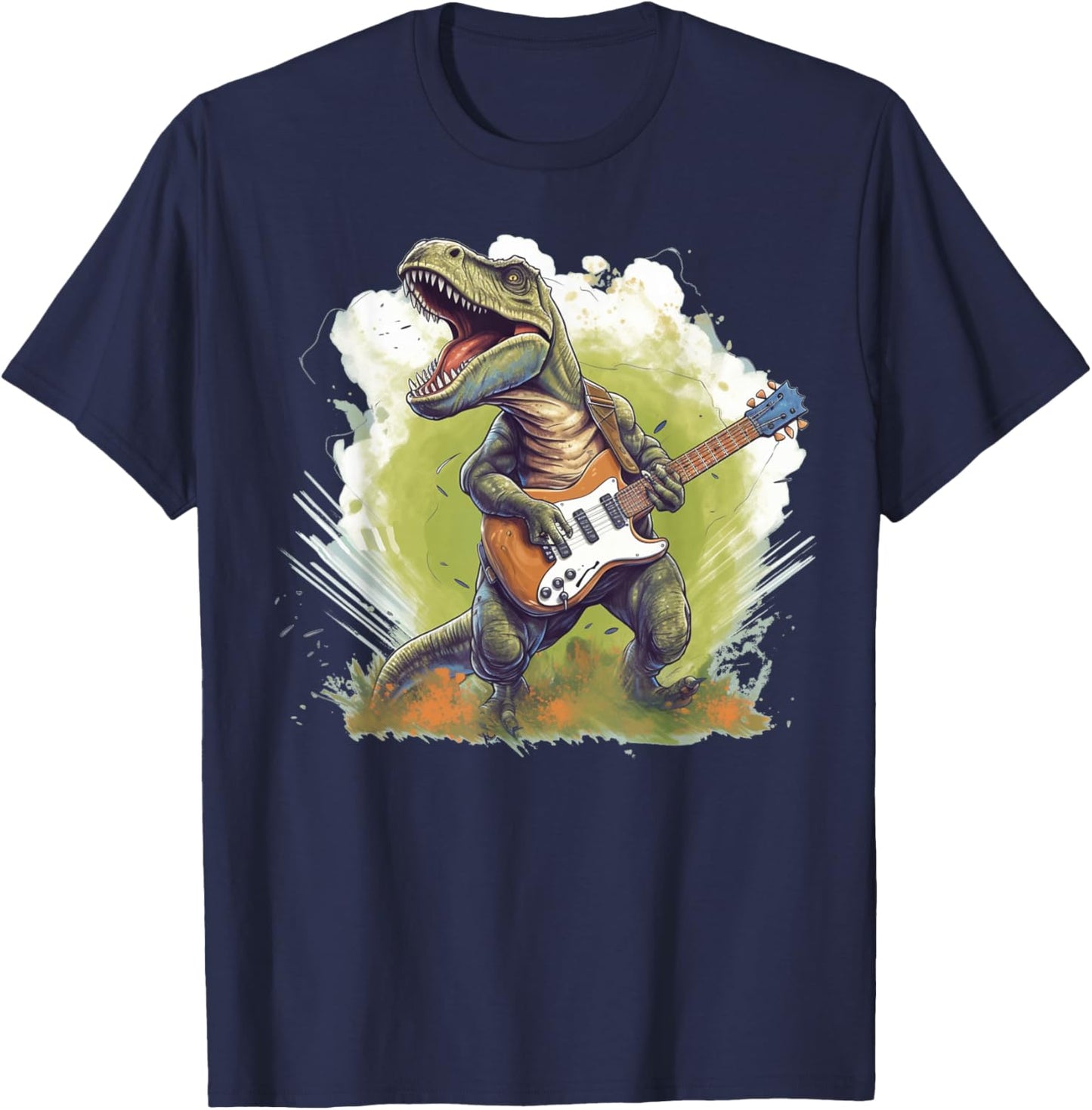 Funny T Rex Dinosaurs with Cool Electric Guitar T-Shirt - T-Shirt | Navy