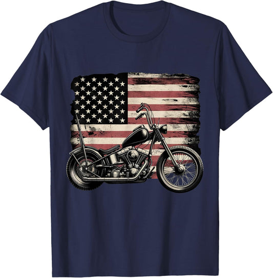 Retro Vintage USA Flag Motorcycle Patriotic America Biker T-Shirt - T-Shirt | Navy