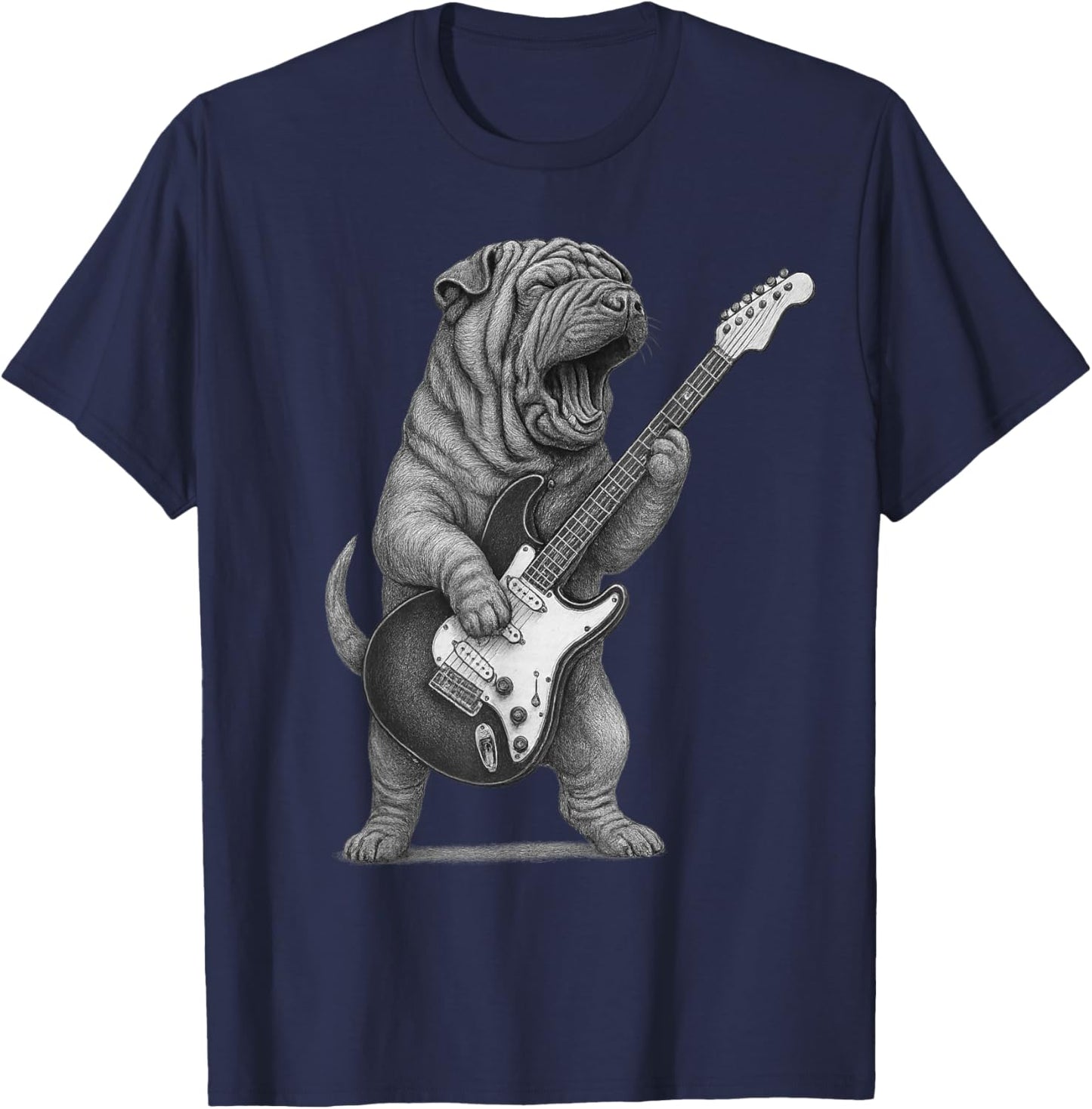 Shar Pei Playing Guitar Rock Music Dog Lovers T-Shirt - T-Shirt | Navy