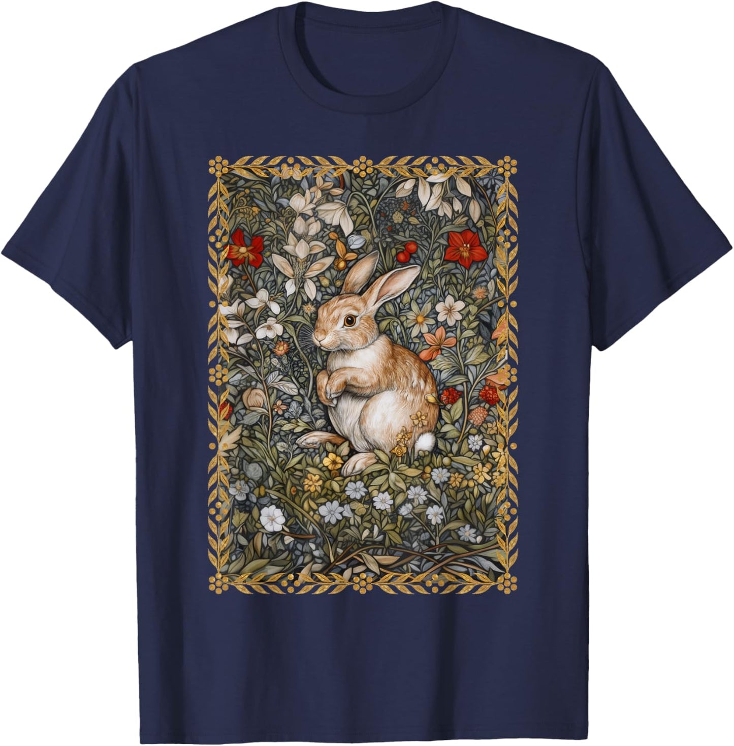 Rabbit in a William Morris Style Flower Garden T-Shirt - T-Shirt | Navy
