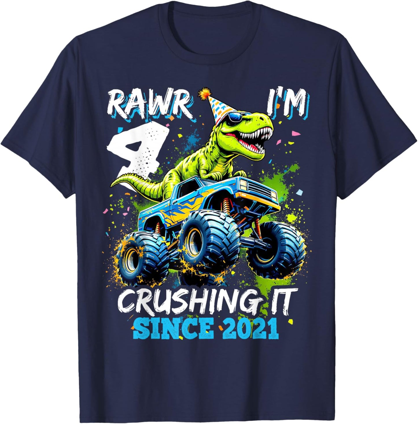 4th Birthday Monster Truck Dinosaur Party Boys Rawr I'm 4 T-Shirt - T-Shirt | Navy