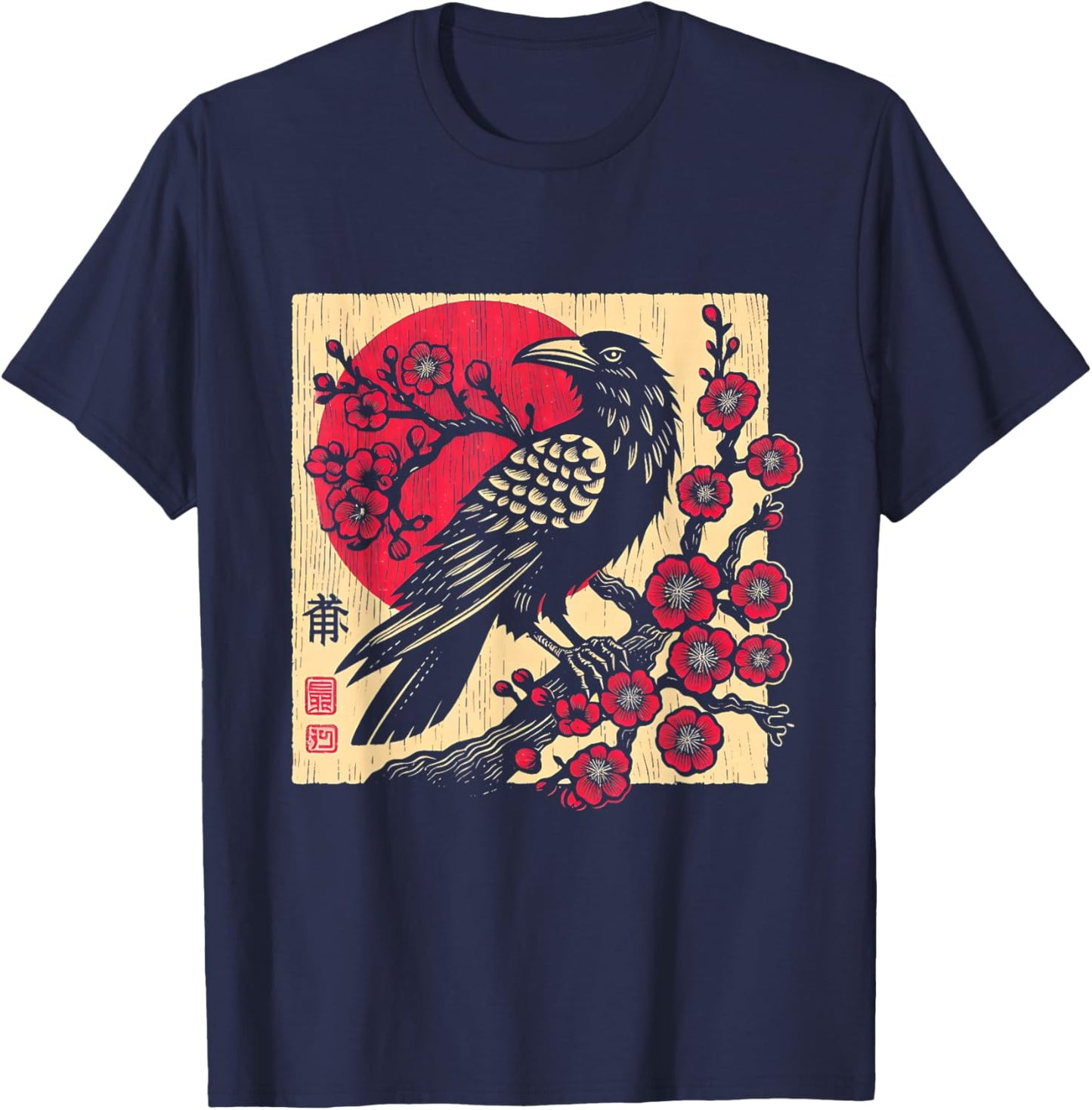 Japanese Art Raven Vintage Graphic Cherry Blossom T-Shirt - T-Shirt | Navy