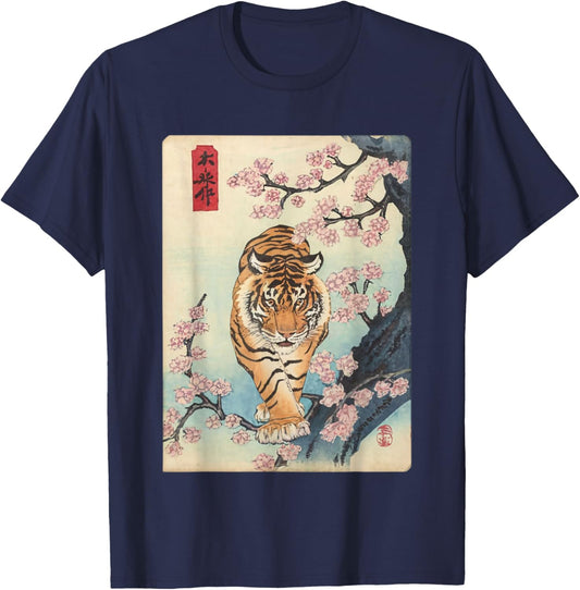 Vintage Japanese Tiger Asian Art Cherry Blossom Pink Flower T-Shirt - T-Shirt | Navy
