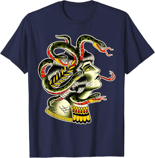Medusa Greek Mythology Traditional Flash T-Shirt - T-Shirt | Navy