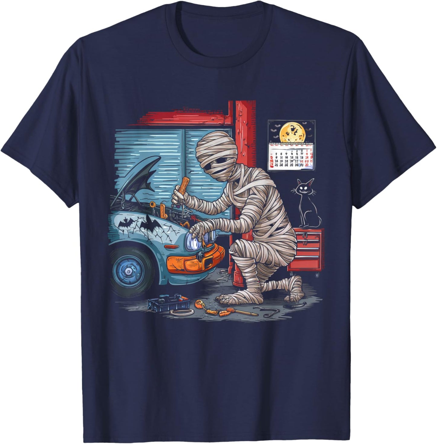 Car Lover Halloween Shirt Creepy Mechanic Mummy Scary Garage T-Shirt - T-Shirt | Navy