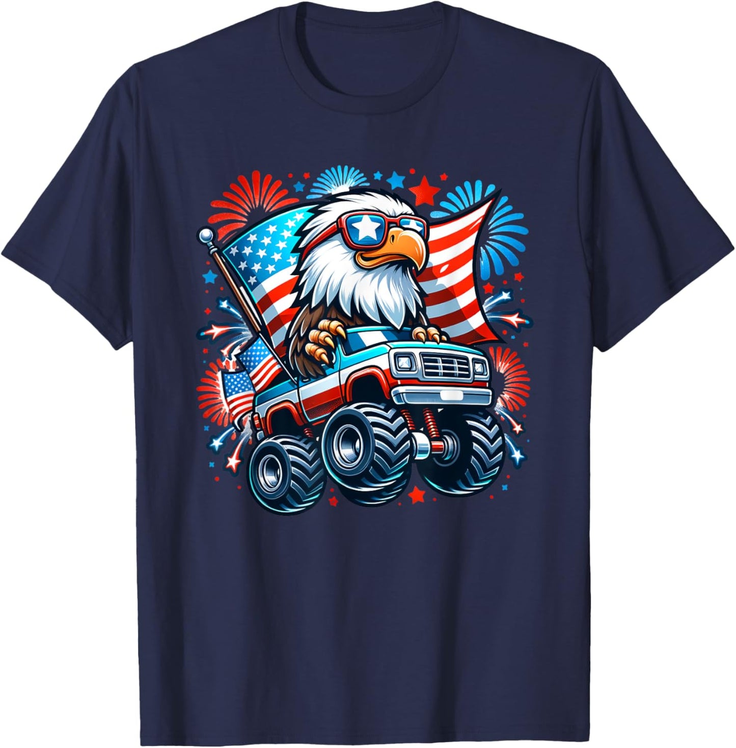 July 4th Bald Eagle Monster Truck USA American Flag Firework T-Shirt - T-Shirt | Navy