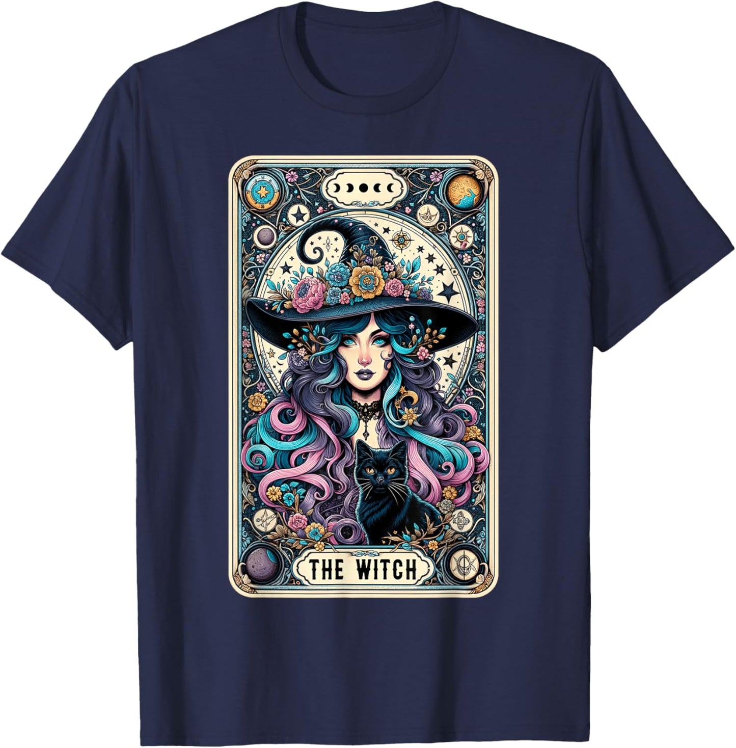 The Witch Cat Tarot Card Witch Vintage Gothic Halloween Women Kids T-Shirt - T-Shirt | Navy