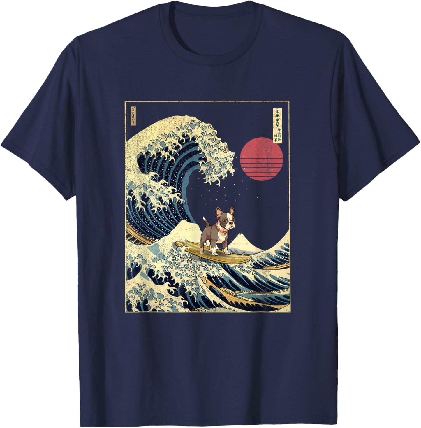 Boston Terrier Japanese Kanagawa Wave Funny Surf Dog T-Shirt - T-Shirt | Navy