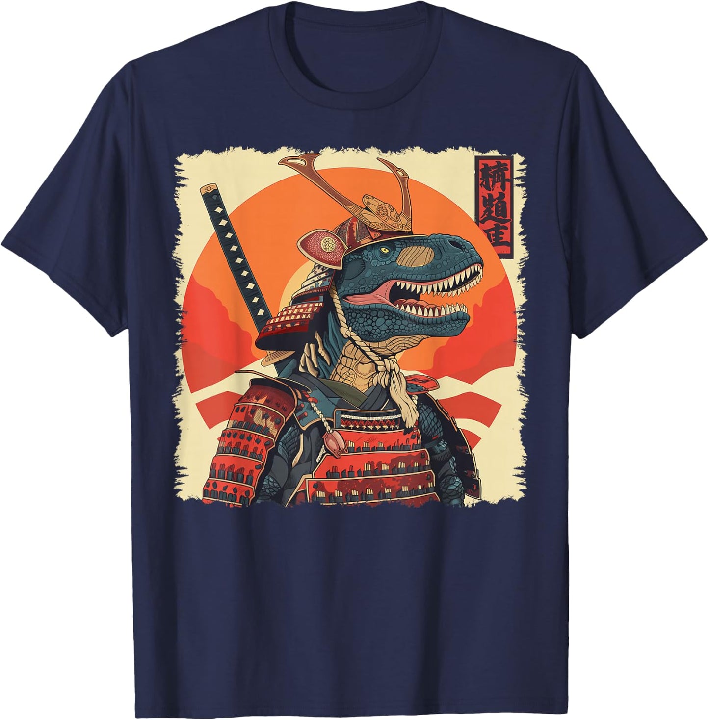 T-Rex Dinosaur Tyrannosaurus Rex Japanese Samurai Ukiyo-e T-Shirt - T-Shirt | Navy