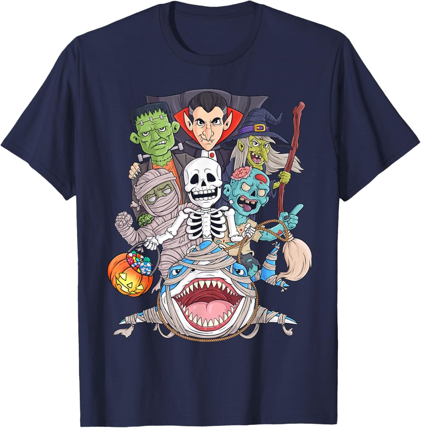 Skeleton Zombie Riding Mummy Shark Funny Halloween Pumpkin T-Shirt - T-Shirt | Navy