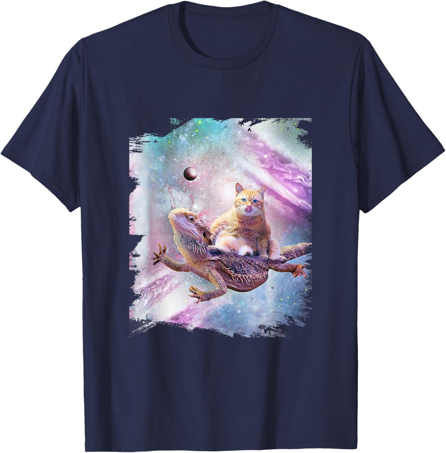 Bearded Dragon Lizard Riding Space Cat T-Shirt - T-Shirt | Navy