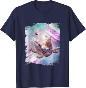 Bearded Dragon Lizard Riding Space Cat T-Shirt - T-Shirt | Navy